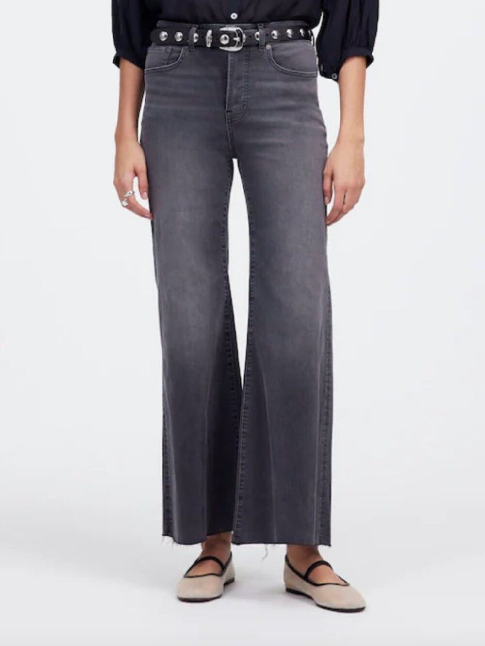 Madewell Washed Black Flared Wide-Leg Crop Stretch Raw Hem Jeans womens Size 32